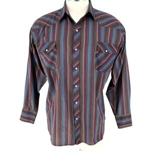 Saddlebrook Shirt Mens 2XL Brown Blue Red Pearl Snaps Cowboy Western Wear